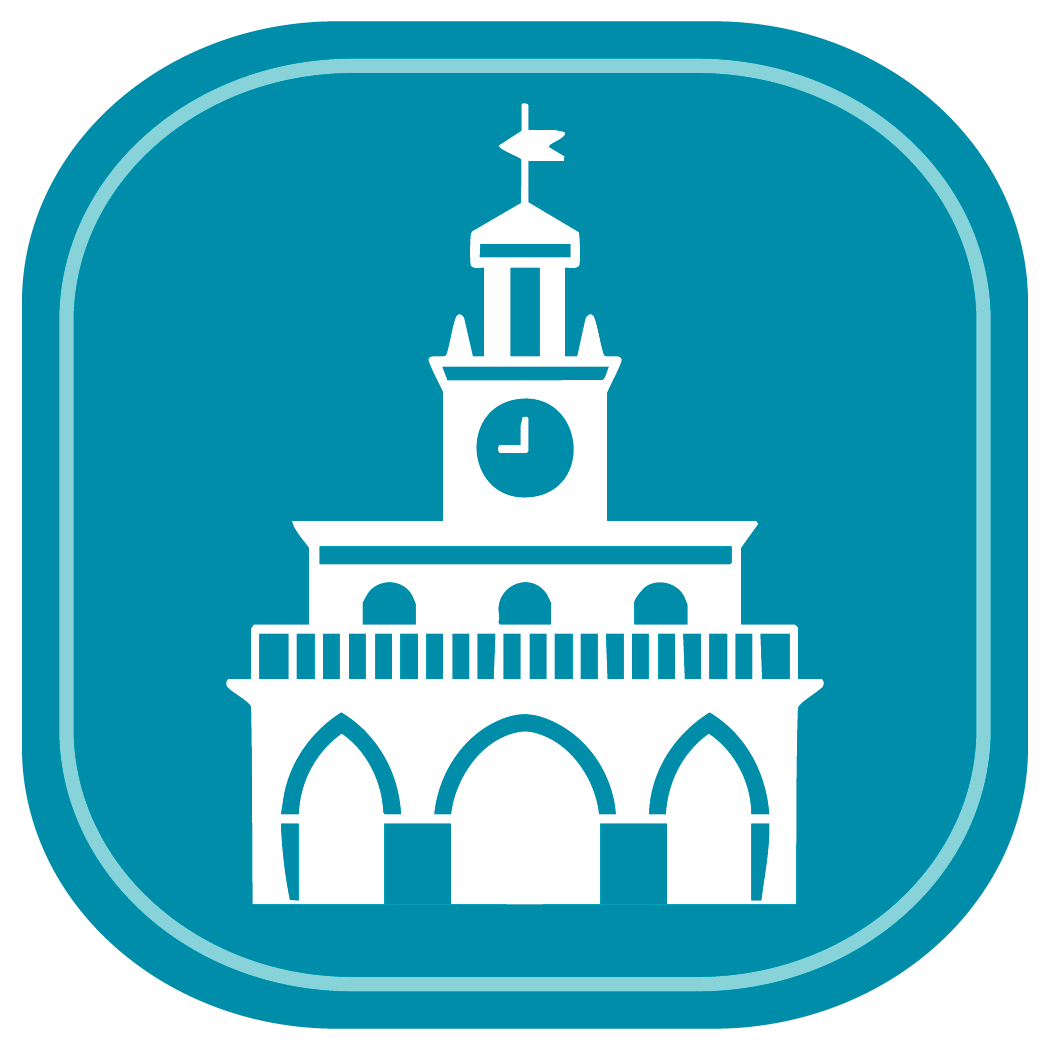 Icon of a historic clock tower building with arches, in white on a teal background representing fayetteville nc.