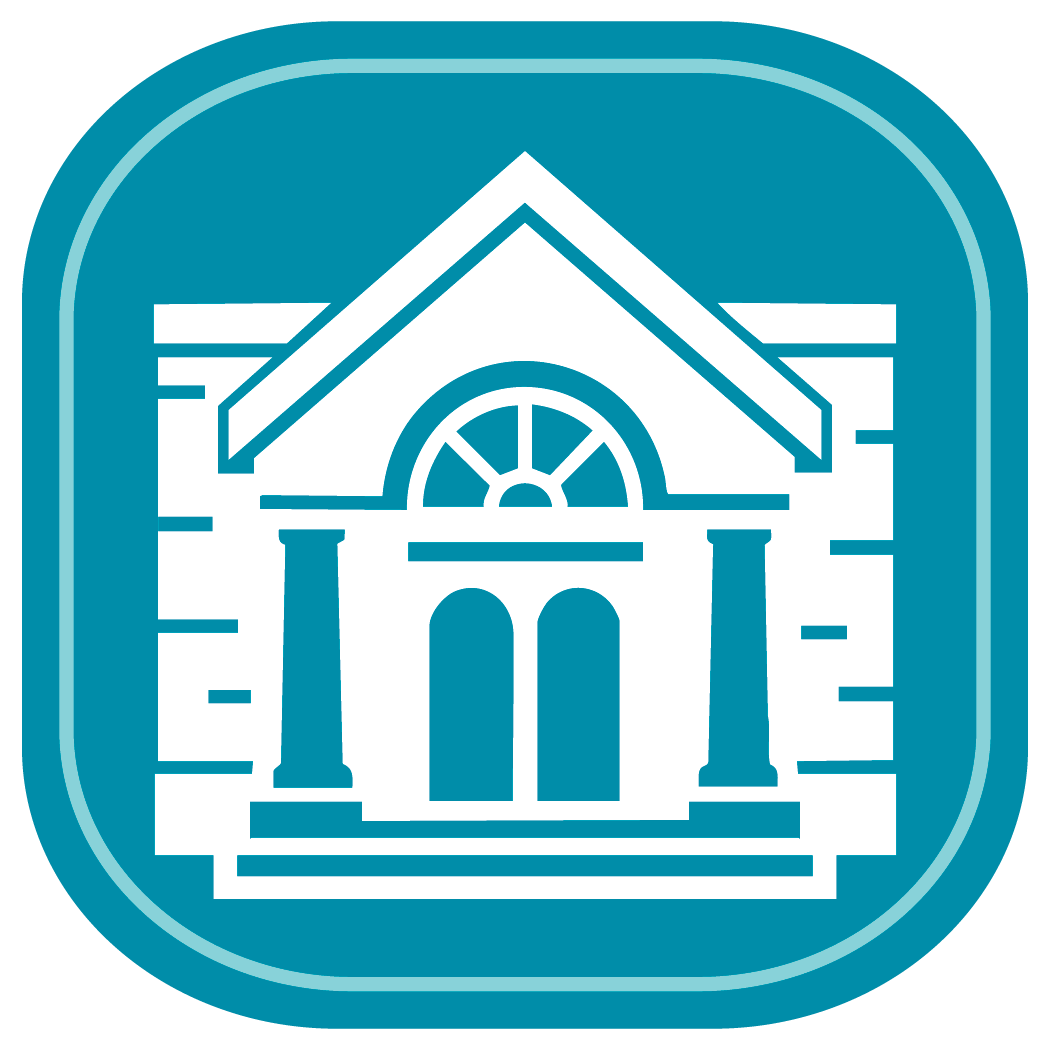 Teal icon featuring a classical building with columns representing greenville, north carolina, symbolizing the dental care center’s evans street location and expert general dentistry services.