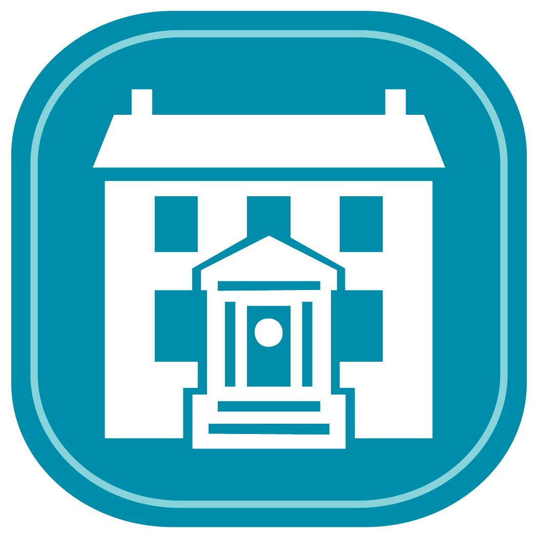 Teal icon of a colonial-style house symbolizing wake forest, north carolina, home to the dental care center’s expert general dentistry team.