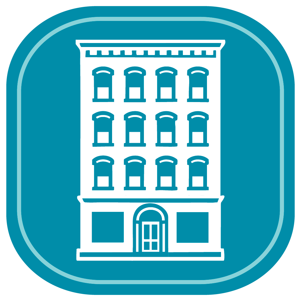 Teal icon depicting a multi-story historic downtown building representing wilson, north carolina, where the dental care center provides expert general dentistry.