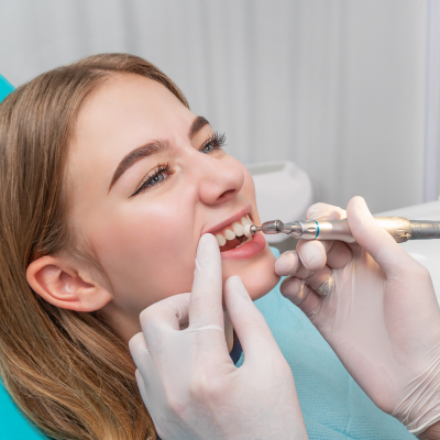 Female patient getting her teeth cleaned at the dentist, representing deep cleaning vs regular cleaning