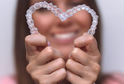Woman holding two invisalign aligners together in the shape of a heart, representing benefits of invisalign over traditional braces