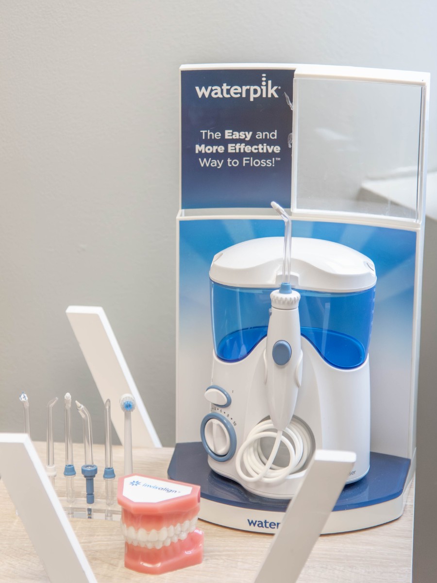 The-dental-care-center-wake-forest-office-waterpik Waterpik dental cleaning device display in wake forest nc dental office for oral hygiene education